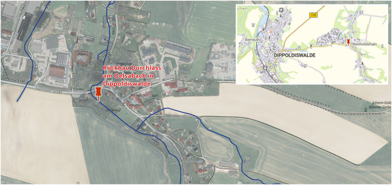 Übersichtskarte "Rückbau Durchlass am Oelsabach in Dippoldiswalde"