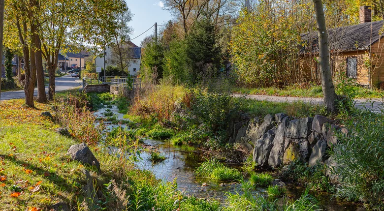 renaturierter Bach entlang einer Straße in einem Dorf
