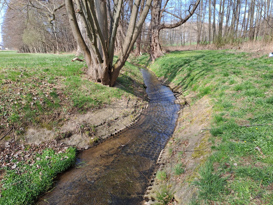 Rasengittersteine im Gewässer in der offenen Landschaft. Hier gibt es keine Notwendigkeit das Gewässer auszubauen, da es sich um offene Landschaft handelt.