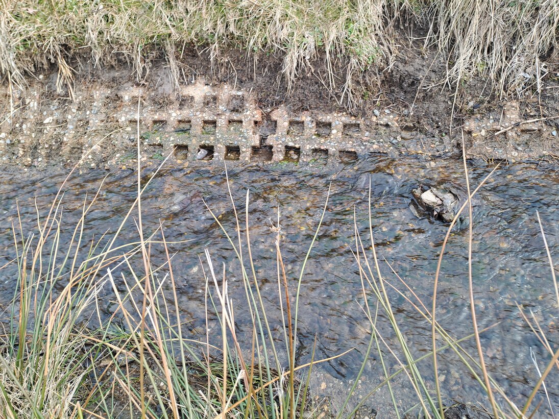 Rasengittersteine an der Gewässersohle. Die Strömungsgeschwindigkeit ist hier erhöht, viele Tiere können sich hier nicht halten und werden weggespült.