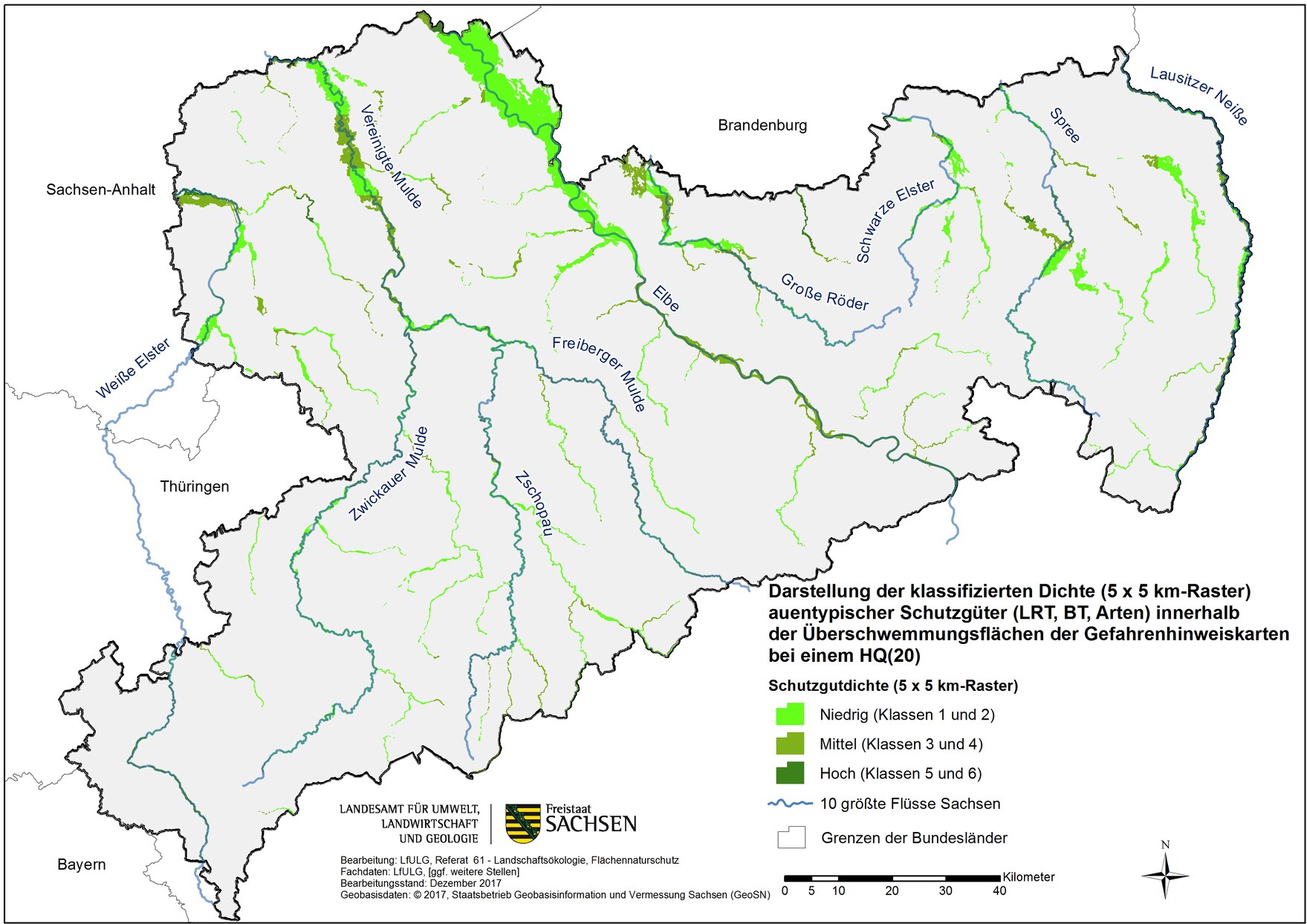 Karte der Dichte auentypischer Schutzgüter in Sachsen