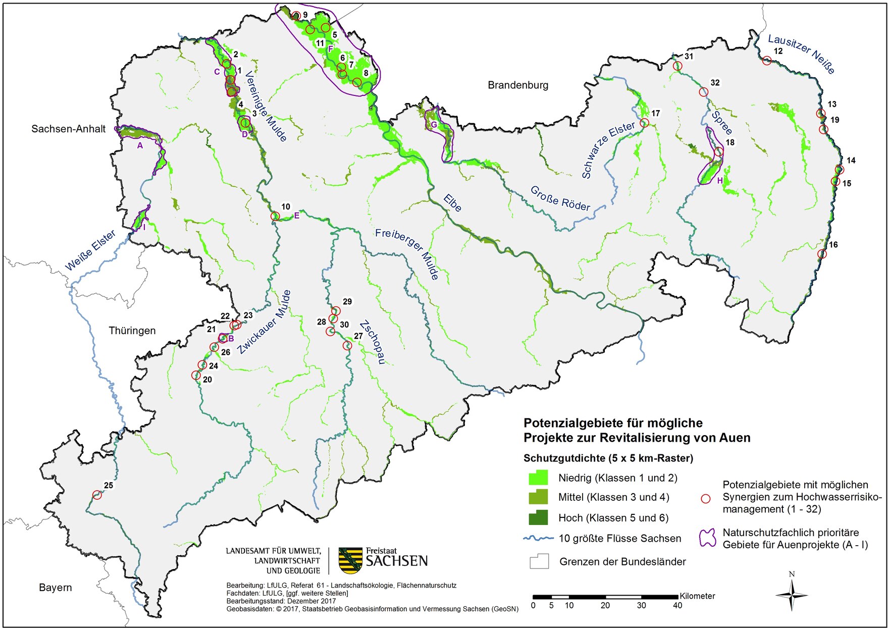 Karte der Potenzialgebiete für mögliche Projekte zur Revitalisierung von Auen in Sachsen