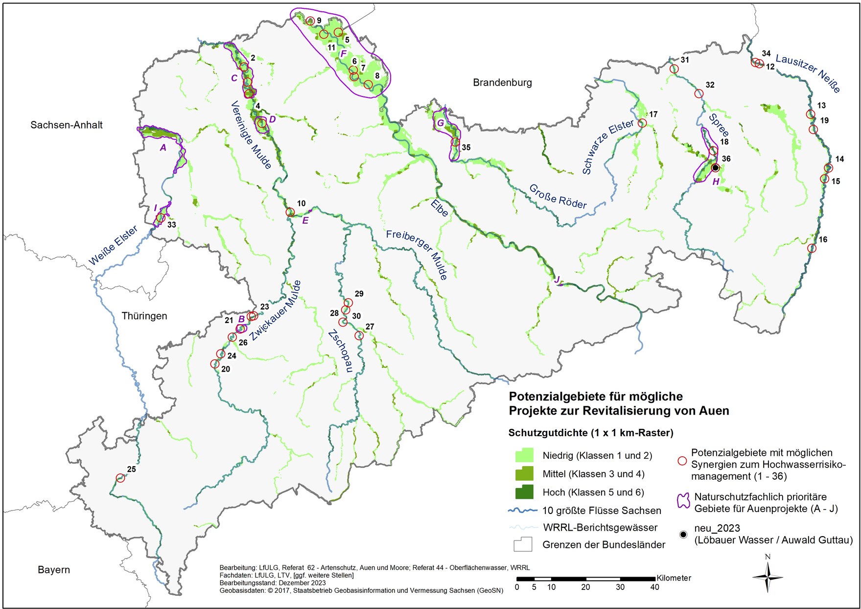 Karte der Potenzialgebiete für mögliche Projekte zur Revitalisierung von Auen in Sachsen