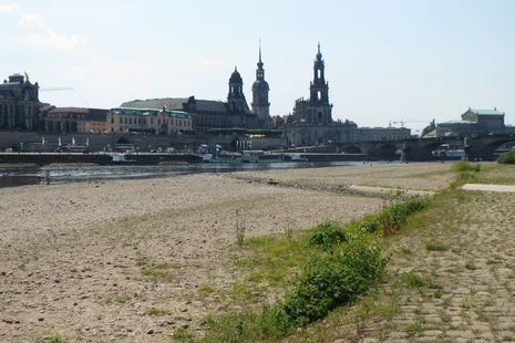 Niedrigwasser Elbe Altstadtansicht Dresden von der Elbe aus bei Niedrigwasser