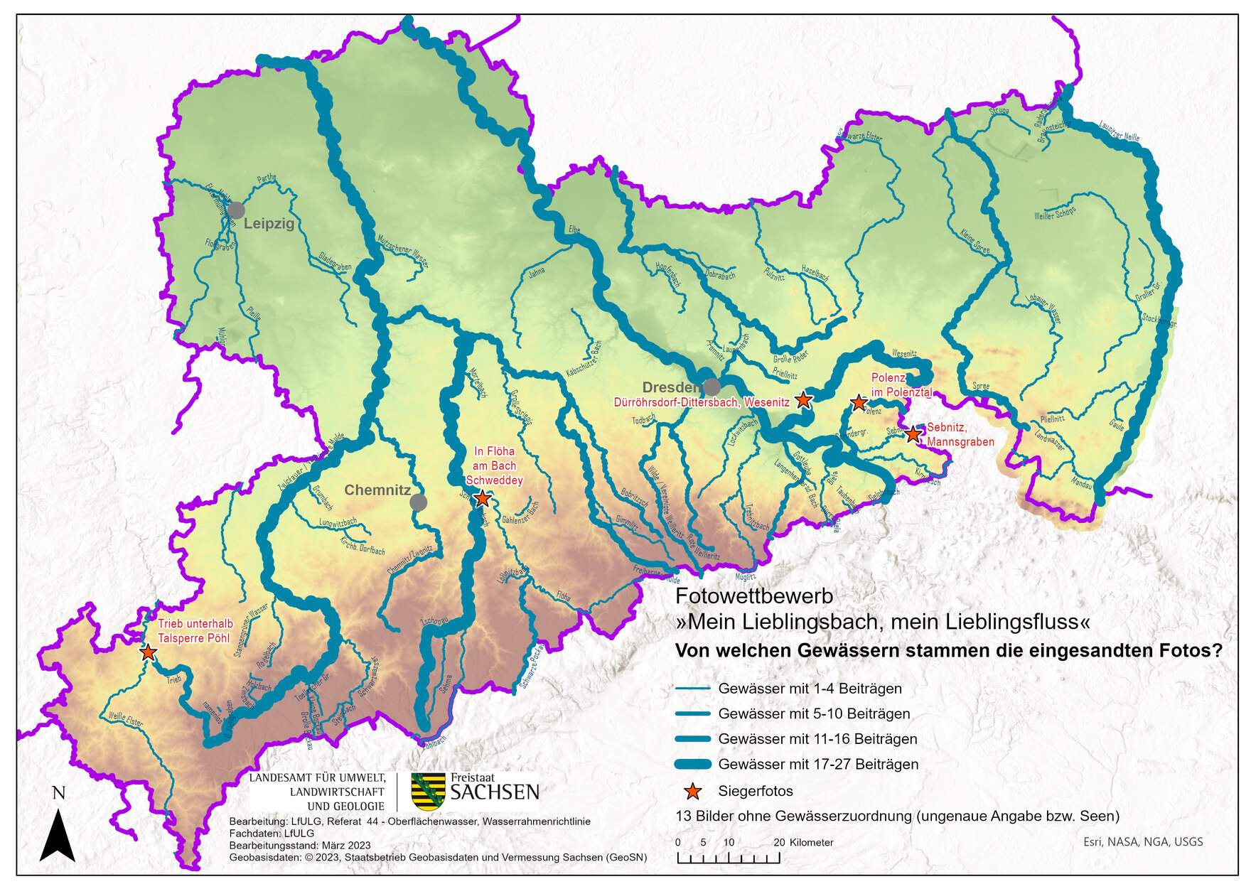 Karte Freistaat Sachsen von welchen Gewässern die eingesandten Fotos stammen und wo die Siegerfotos aufgenommen wurden