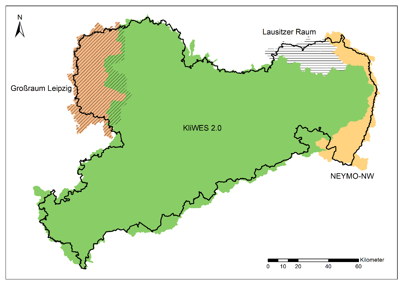 Karte zum aktualisierten KliWES-2.0- Bearbeitungsraum (hellgrüne Fläche), weiteren Projektbereichen (gelbe Fläche (NEYMO-NW); braune Fläche (Großraum Leipzig)) und der Landesgrenze Sachsens (schwarze Linie)