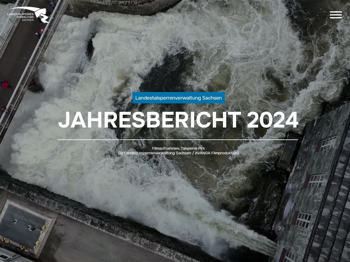Wirbelndes Wasser in einem Tosbecken einer Talsperre. Schriftzug: LTV – Jahresbericht 2024