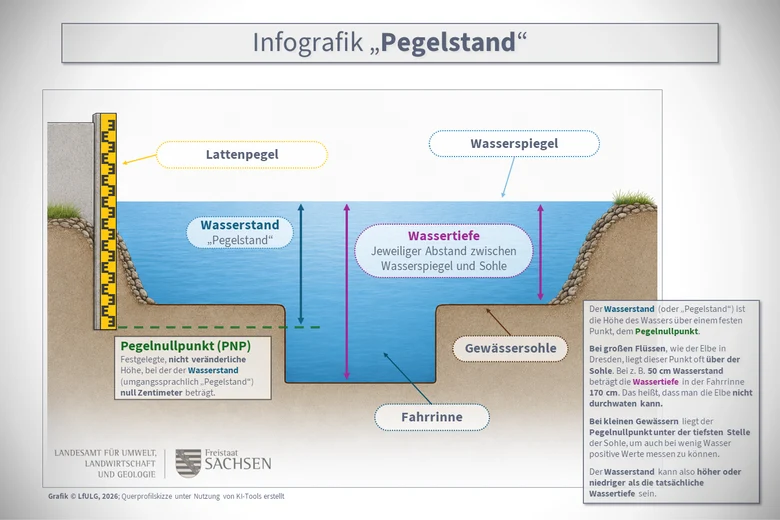 Infografik zum Unterschied zwischen Wasserstand und Wassertiefe